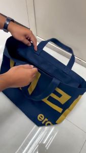 era-won ถุงผ้า Medium Korea Bag กระเป๋าผ้า ขนาดกลาง สี Serial indigo (กรมสกรีนเหลือง) *รุ่นมีซิป*