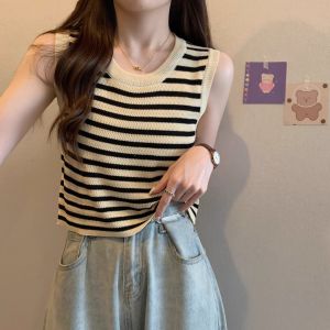 Hong Kong Style Striped Strap Vest Women Summer Slim Fit Outdoor Indoor Knitted Sleeveless Casual School Style Shoulder Baring