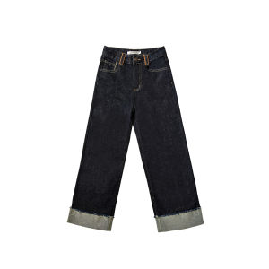 Deep Blue High Waist Straight Leg Jeans American Retro Loose Design Wide Leg Pants Casual Pure Color Flip Edge AsGony