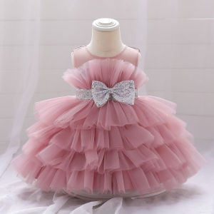 Baby Summer Dress 1 Year Puffy Pink Kids Bow Christening Princess Brithday Vestidos Toddler Children Baptism Baby Girl Clothes