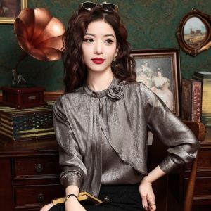 Fashionable Womens Long Sleeve Chiffon Shirt Stand Collar Base Layer Top OL Professional Clothing Spring 2024 Loose Fit Silk Blend