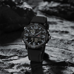 NAVIFORCE Original Mens Dual Time Watch Quartz Movement LCD Digital Breathable Silicone Strap 5ATM Waterproof Calendar Date Night Pattern Mens Outdoor Leisure Fashion Multi-functional Watch NF7130