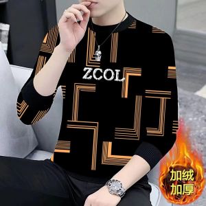 Mens round Neck Fleece Lined Long Sleeve Sweatshirt Fashionable Loose Base Layer Shirt Autumn Winter Comfortable Printed T-shirt