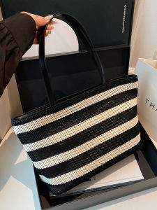 Fashionable Stripe Woven Tote Bag Womens Underarm Single Shoulder Beach Bag Versatile PU Leather Zipper Closure Handbag