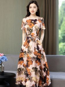 Summer Loose Cotton Linen Mommy Dress plus Size Short Sleeve Mid-aged And Elderly Womens Fashion Korean Style Long Skirt