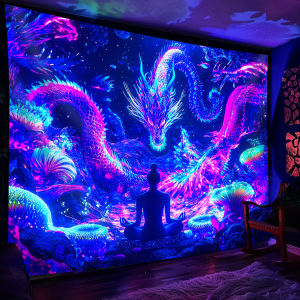 VIKAMA Neon Dragon Tapestry - Cyber Oriental Fantasy ห้องนั่งเล่น Tapestry - การทําสมาธิและการตกแต่งบรรยากาศห้องโยคะ