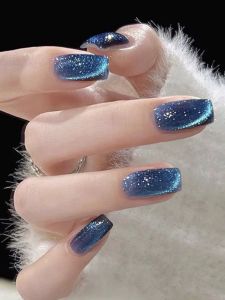 Blue Black Crystal Cat Eye Nail Patches Wearable Fake Nails Professional Grade Long Lasting UV Gel Nail Art Tools for Any Skin Type
