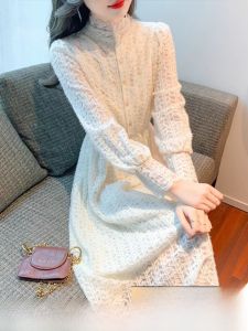 Lace Long Sleeve Fleece Lined Thick mid Length Dress for Women Commute Style Korean Fashion Winter Season Pure Color Skirt