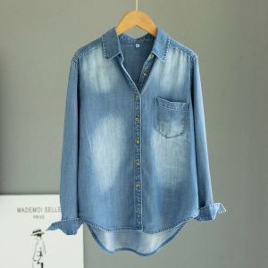 ระดับไฮเอนด์ ผู้หญิง สีม่วง สีแดง ผ้าไหม เดนิม เสื้อเชิ้ตแขนยาว เดรปวินเทจ เสื้อท่อนบน เสื้อเบส ฤดูใบไม้ร่วง ท่อตรง สไตล์การเดินทาง ปกโปโล ความยาวปกติ