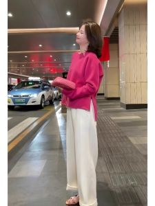 New Chinese Style High Waist Long Sleeve Pink Top And Casual Pants Two Piece Set Autumn Winter Womens Fashion Commute Dress