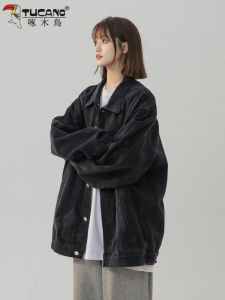 Black Oversize Workwear Jacket Womens Casual Style Fleece Lined Cotton Denim Coat Spring Autumn Fashion Mens Top
