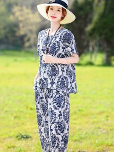 Pure Cotton Silk Two-Piece Set for Middle-Aged And Elderly Thin Summer Overhead Shirt Moms Small Dress Outerwear Ensemble