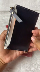 Womens card holder zipper coin purse PU leather white stitching ID card holder wallet