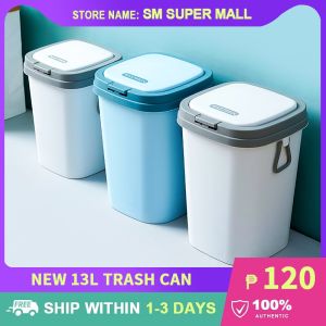 【Large Capacity】13L Trash Can with Cover&Handle Pressed Type New Kitchen Bathroom Trash Bins Thick and Solid Durable
