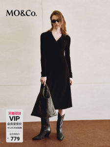 MO＆Co. Navy Collar A-Line Knitted Dress Woolen Long Dress Street Style Pure Color Waist-Cinching Black Dress