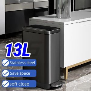 Slim Trash Can with Lid Soft Close Stainless Steel 7L/9L/13L Bathroom Garbage Can with Inner Bucket