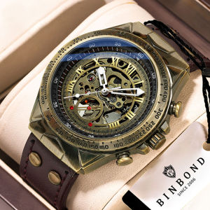 Retro BINBOND automatic watch for men waterproof import mechanical movement genuine leather hollow casual watch