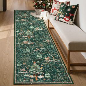 VIKAMA Christmas Runner Rug Winter Forest Village Deer Cabin Print Durable Non Slip Mat For Hallway Corridor Living Room Decor