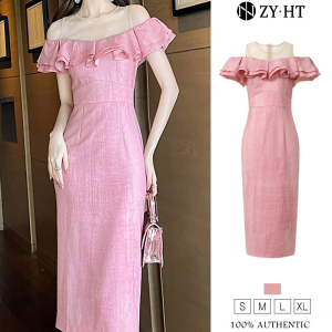 ZYHT EraVogue Womens Dresses Pink Dresses Shoulder Dress Mesh Dress Work Dress Hiso Dress Vintage Dress Work Dress Party Dress Evening Dress 21351