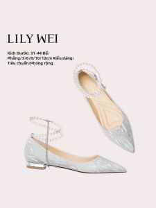 LILY WEI | Giày Cưới Gót Thấp Đầu Nhọn Có Chuỗi Ngọc Trai