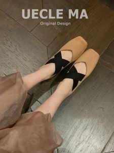 UECLE MA | Vintage Pig Nose French Mary Jane Ballet Flats Genuine Leather Shoes
