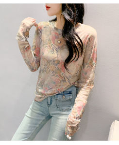 REHIN Autumn New Fashion Vintage Print Round Neck Mesh Long Sleeve T-Shirt Floral Elegant Womens Top