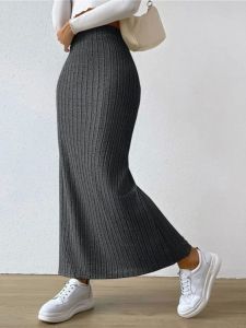 High Waist Knitted Slit Skirt for Women Street Style Solid Color Mid-Length Half Skirt European And American Fashion