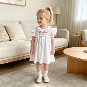 2026 Summer New 2-6Yrs Flying Sleeve Baby Girl White Dress Princess Birthday Dress Embroidered Western Style Dress