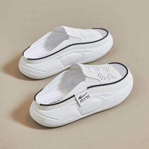 Hollow Leather Womens Wedge Slipper with Toe Wrap Soft Thick Sole Sandals Summer Versatile Breathable Retro Casual Sandals