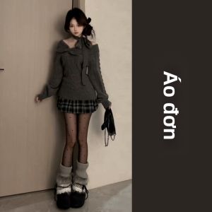 NIUVIES | Đầm Len Mầu Xám Dáng Một Vai Kích Thước Nhỏ