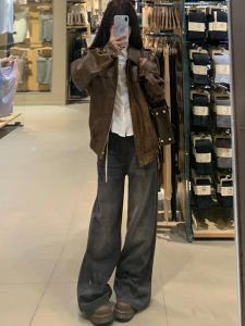 High Waist Wide Leg Grey Denim Jeans Womens Extended Length Vintage Style Casual Loose Fit Floor-Length Trousers