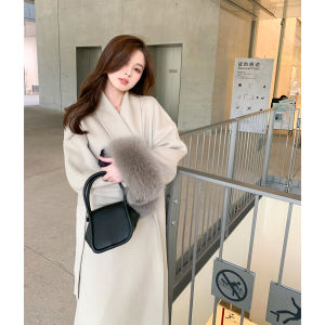 2024 New Grey Woolen Fox Fur Removable Double-Sided Medium-Length Womens Coat Autumn Winter High-End Feelings Fashionable Ladies Outerwear