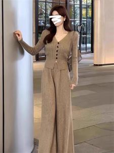 Fall Winter Knitted Sweater And Pants Set Womens Fashion Ensemble Short Size Korean Style Long Sleeve V-Neck Button up