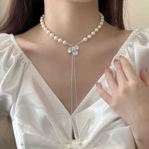 Butterfly Design Pearl White Necklace Womens Multi-Wear Pull-String Trendy Jewelry Alloy Embedded Artificial Gem Titanium Steel Chain