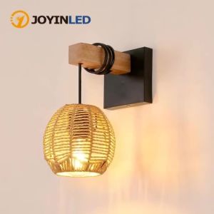 JOYINLED Paper Rope Wall Sconce Hardwired Woven Rattan Wall Light with Wood Arm Boho Bedside Lamp for Bedroom Hallway Fixture