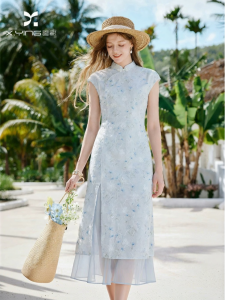 XIANGYING | Traditional Chinese Style Printed Waist-Cinching Blue Dress