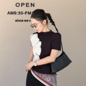 VKSOD | Summer 2025 French Texture Print T-Shirt High Waist Pleated Wide Leg Pants Set Slimming Stand Collar Two-Piece Black Ensemble