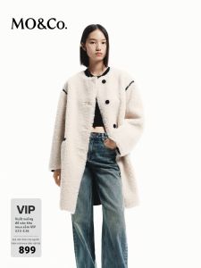 MO&Co. | Warm Teddy Fleece Vegan Leather Collided Hem Collarless Long Line Trench Coat