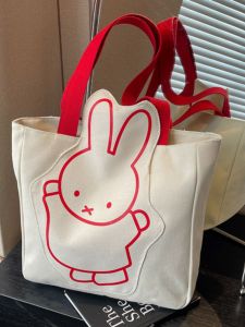 Adorable Cartoon Rabbit Canvas Tote Bag with Large Capacity for Women Fashionable Single-Shoulder Satchel Perfect for Commuting and School