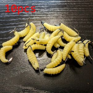 30PCS Yellow Rubber Maggots with Hooks Soft Grub Lures for Freshwater Fishing Bass Trout Crappie BluegillFishing Bait Set Gift