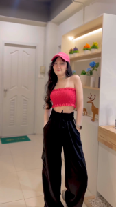 TT19 [งานกระแส] กางเกงคาร์โก้ผู้หญิง เอวสูง ขายาวแถบข้าง ทรงเท่ห์ๆ เป็นเอวยางยืด ดีไซส์สวย เนื้อผ้าวูลเวฟ ใส่สบาย