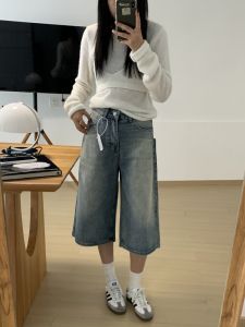 Ooh-AND Retro Wide Leg Denim Shorts Womens Loose Straight Slimming Seven-Foot-Mid Pants High Waist Wear Resistant Spring Season