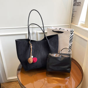 2026 New Fashion Ladies Casual Suede Texture Tote Handbag Large Space Minimal All-match Single Shoulder Bag 2-in-1 Mother & Small Coin Purse Bag for Office Commute Shopping & Daily Outing