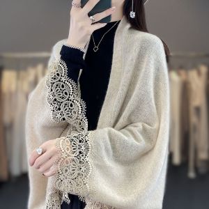 ผ้าคลุมไหล่ผ้าขนสัตว์ถักลายลูกไม้สำหรับผู้หญิง ผ้าพันคอผ้าขนสัตว์ ชุดคาร์ดิแกน แจ็คเก็ต แขนยาว คอวี ปกติ