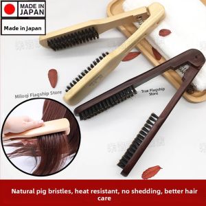 MONLEYTA | Japanese Direct Straightening Comb No Damage Wireless Full Pig Bristle Curling Iron V-Shaped Smooth Wooden Folding Comb