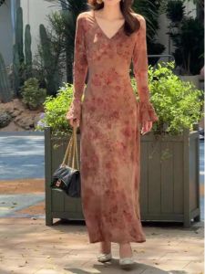 Chinese Style Vintage Print Long Dress Womens Fashionable Slimming Fish Tail Skirt High Waist Regular Sleeve H Version Dress