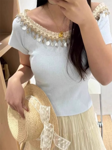 Áo Thun Dệt Kim Hở Vai Một Bên Vai Thời Trang Mùa Hè Cho Nữ Áo Ngắn Tay Ngắn Cổ Chéo Trang Phục Công Sở Áo Phông