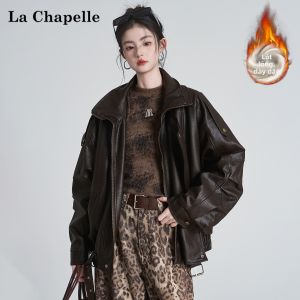 La Chapelle | Áo Khoác Da PU Có Lót Dày Cổ Lông Giả Ấm Áp