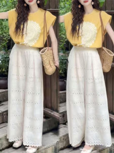 Shalldoer | Summer Elegant Womens Shirt Sleeveless Hollow Out Casual Round Neck Two-Piece Set Polyester Short Sleeve Long Pants