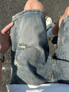 Quần Short Denim Xanh Rách Mùa Hè 2024 Quần Short Nam Phong Cách Đường Phố Mỹ Quần Short Nam Dáng Rộng Dài Năm Inch